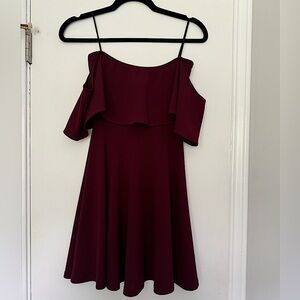 Merlot colored mini dress with off the shoulder sleeves